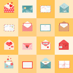 Open envelopes icons and postcards set in flat style. Isolated hand drawn romantic letter and paper card. Vector illustrations for web and print