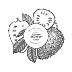 Hand drawn sketch style soursop fruit banner. Organic fresh fruit vector illustration. Retro guanabana design template