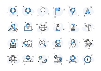 Set of 24 Globe and earth planet web icons in line style. Navigational Equipment, Planet Earth, Airplane, Map. Vector illustration. © iiierlok_xolms