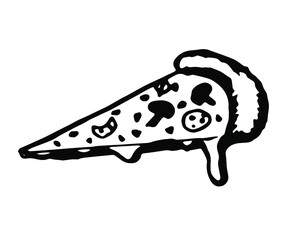 Vector sketch of slice of pizza isolated on white background. Line silhouette handmade. Black and white vector