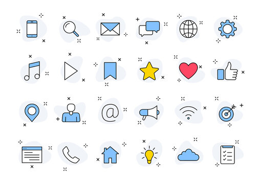 Set of 24 Media web icons in line style. Social, networks, feedback, communication, marketing, thumb up. Vector illustration.