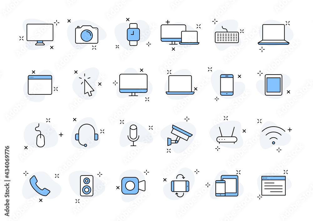 Wall mural set of 24 technology and electronics and devices web icons in line style. device, phone, laptop, com