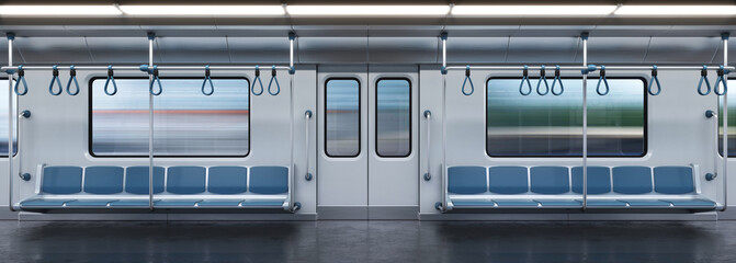 Subway car empty interior, metro cross section, 3d rendering - obrazy, fototapety, plakaty