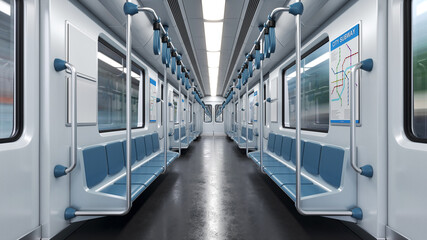 Inside empty subway car, metro car empty interior 3d rendering - obrazy, fototapety, plakaty