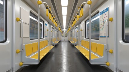 Inside empty subway car, metro car empty interior 3d rendering - obrazy, fototapety, plakaty