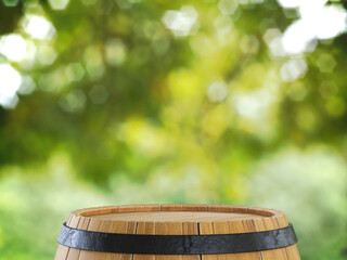 Wooden barrel with foliage bokeh background suitable for montage product display 3d rendering