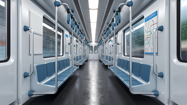 Inside empty subway car, metro car empty interior 3d rendering
