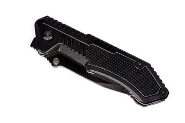 Folded pocket knife with pivoted locking blade on white background