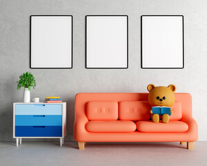 Mock up poster frame with cute teddy bear for a boy baby shower 3D rendering