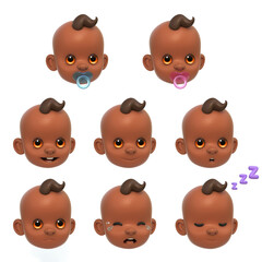 Baby face stickers, various faces and emotions of African infant, little child emotions 3d rendering