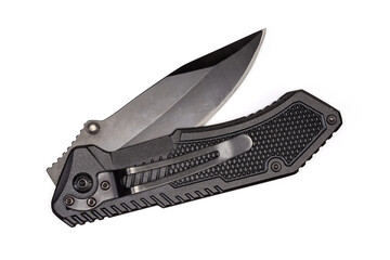 Top view of pocket knife with partly folded pivoted blade