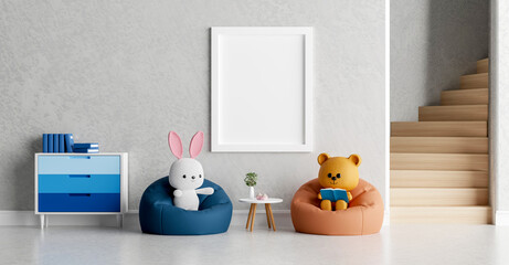 Mock up poster frame with cute teddy bear and rabbit for a baby shower 3D rendering