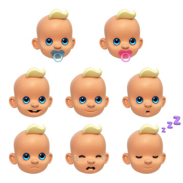 Baby face stickers, various faces and emotions of Caucasian infant, little child emotions 3d rendering
