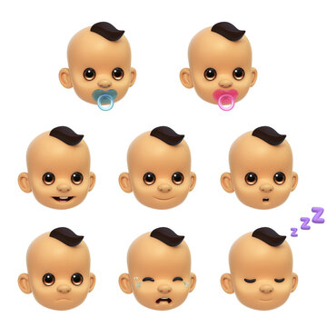 Baby face stickers, various faces and emotions of Asian baby 3d rendering