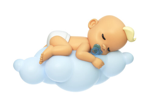 Baby sleeping on a cloud 3d illustration, Cartoon baby character 3d rendering