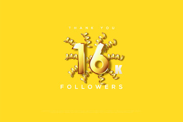 thank you 16k followers with yellow background and gold ribbon.