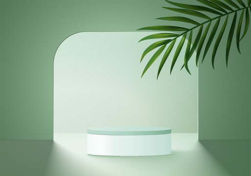 3d Background Product Display Podium Scene With Green Leaf Geometric Platform. Background Vector 3d Render With Podium. Stand To Show Cosmetic Products. Stage Showcase On Pedestal Display Green Studio