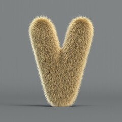 Hairy font, furry alphabet, 3d rendering, letter V