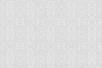 Fototapeta premium 3D volumetric convex embossed geometric white background. Ethnic pattern in the style of doodling, the creativity of the peoples of the East. Elegant ornament for wallpaper, website, textile.