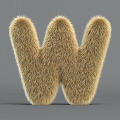 Hairy font, furry alphabet, 3d rendering, letter W