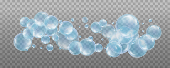 Realistic blue soap bubbles. Design elements for washing powder, shampoo, skin cosmetics..Isolated on a transparent background. - obrazy, fototapety, plakaty