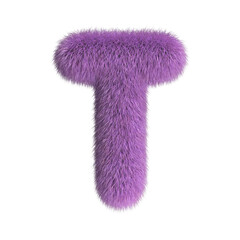 Hairy font, furry alphabet, 3d rendering, letter T