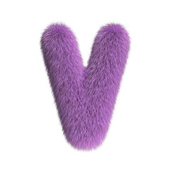 Hairy font, furry alphabet, 3d rendering, letter V