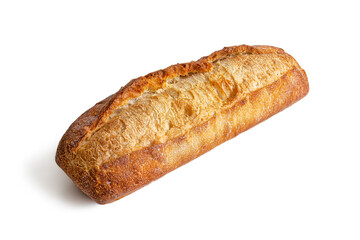 Small fresh baguette from a village bakery on a white background