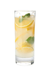 Refreshing lemonade with ice and mint in glass on white background