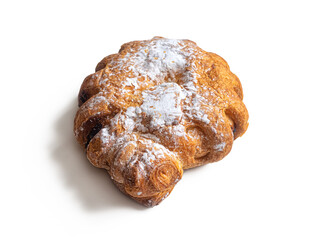 Custard bagel with a golden crust, sprinkled with powdered sugar