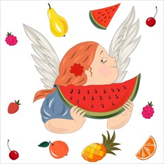 Cute cheerful angel eating a slice of watermelon. Fruit fantasy. Print for postcards, sketchbooks and clothes