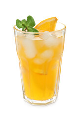 Delicious orange soda water on white background