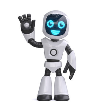 Little robot waving hand isolated on white background, 3d rendering
