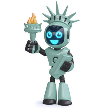 Little robot as statue of liberty, technology concept 3d rendering