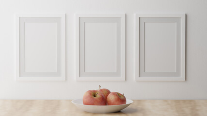 Three poster mockup, white wooden frame. 3D rendering