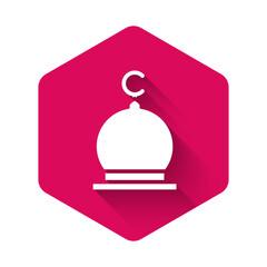 White Muslim Mosque icon isolated with long shadow background. Pink hexagon button. Vector