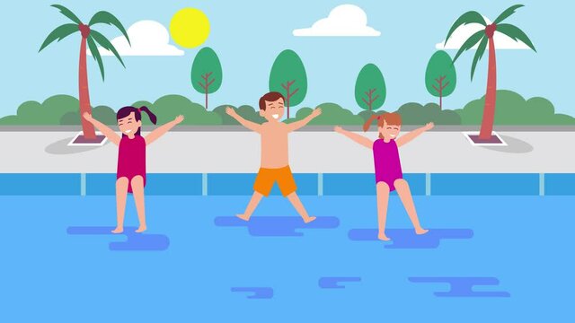 Group of children jumping into the pool together