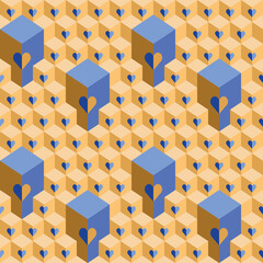 3D big and small Cubes with hearts seamless vector pattern. Blue, orange and gold urban geometric texture with tiled boxes.Great for fashion, interior design, wallpaper, wrapping paper and stationery.