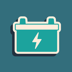 Green Car battery icon isolated on green background. Accumulator battery energy power and electricity accumulator battery. Long shadow style. Vector