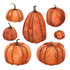 Set of watercolor pumpkins on a white background. Ideas for postcards, souvenirs, invitations.