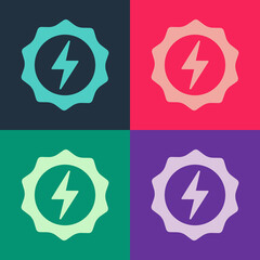 Pop art Lightning bolt icon isolated on color background. Flash sign. Charge flash icon. Thunder bolt. Lighting strike. Vector