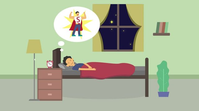 Little boy sleep on bed and dream to be a superhero
