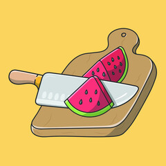 Illustration of chop watermelon with a knife in a  flat style.
Great for decoration, coloring books, advertisements, t-shirt, banners, social media, packaging, wallpaper, and other graphic needs