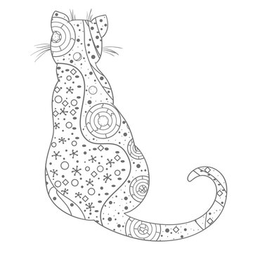 Cat. Design Zentangle. Hand drawn cat with abstract patterns on isolation background. Design for spiritual relaxation for adults. Black and white illustration for coloring. Zen art. Decorative style