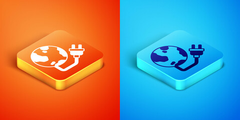 Isometric Global energy power planet with plug icon isolated on orange and blue background. Ecology concept and environmental. Vector