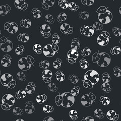 Grey Earth globe and leaf icon isolated seamless pattern on black background. World or Earth sign. Geometric shapes. Environmental concept. Vector