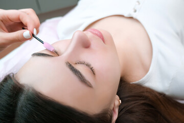 Young woman receiving eyelash lamination procedure - obrazy, fototapety, plakaty