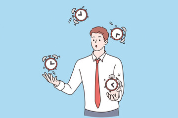 Successful time management concept. Young business man cartoon character successfully juggling managing his time feeling confident vector illustration 