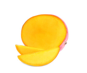 Delicious cut mango on white background. Tropical fruit