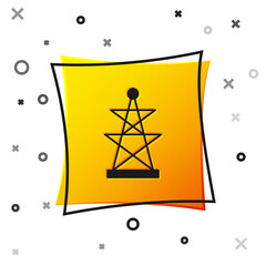 Black Electric tower used to support an overhead power line icon isolated on white background. High voltage power pole line. Yellow square button. Vector